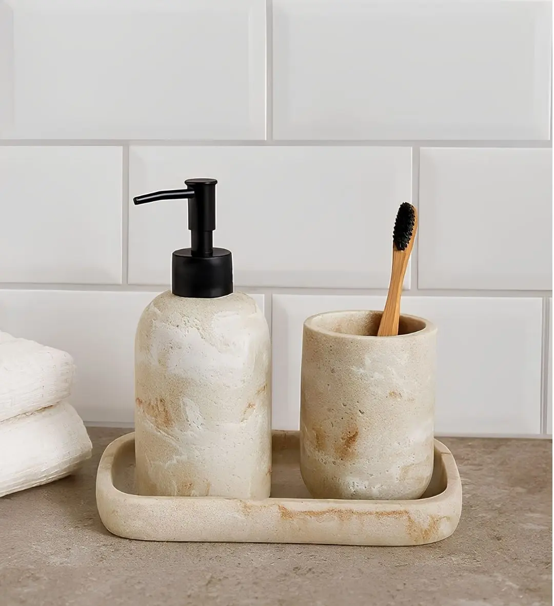 Bath Set 3pcs | Soap Dispenser, Toothbrush Holder & Tray – 4623 (Soap Dispenser: 7.8 × × 7.8 × × 17.8 cm (230 ml); Toot...